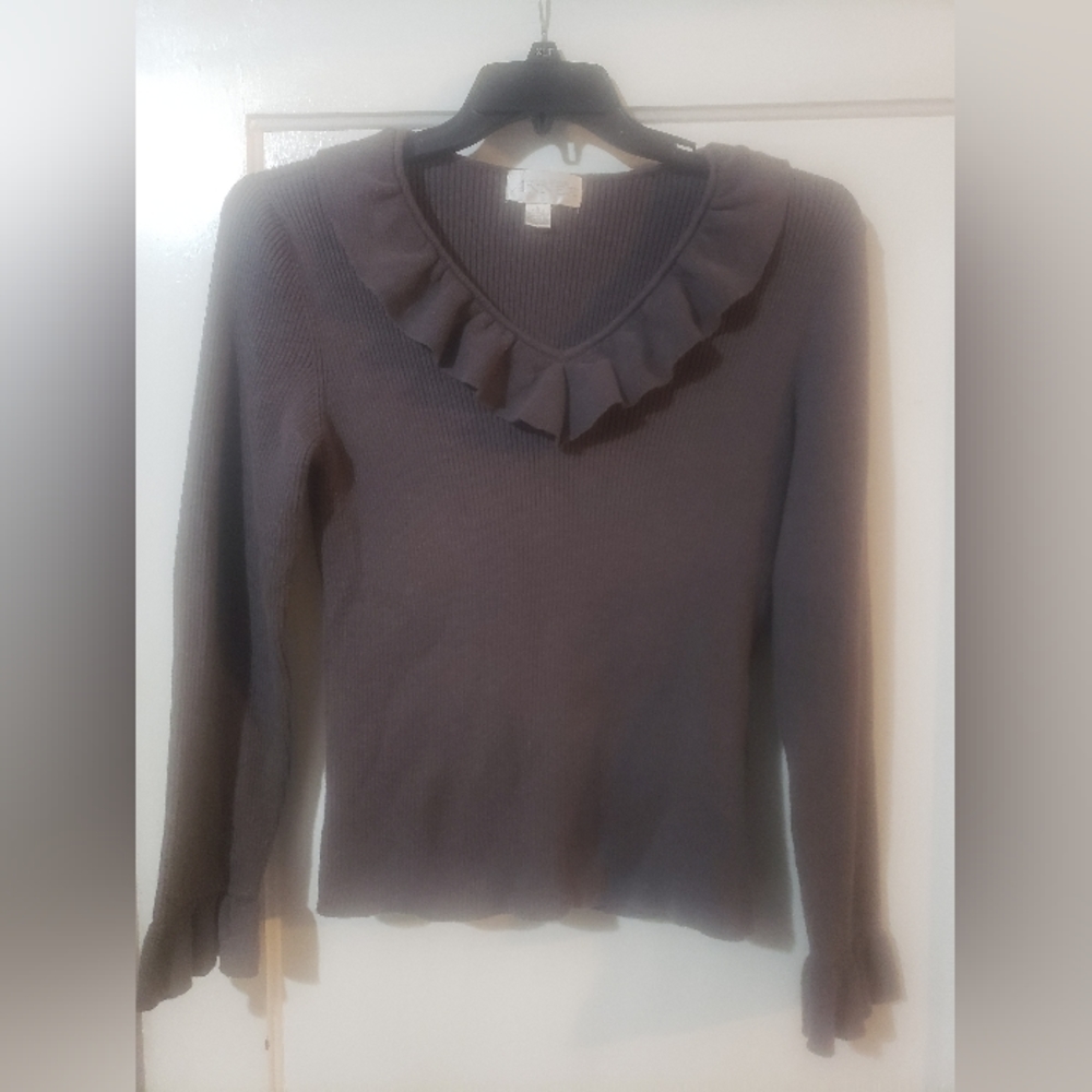 Charcoal Gray Sweater with Ruffled Trim, Size L, Casual Corner Annex